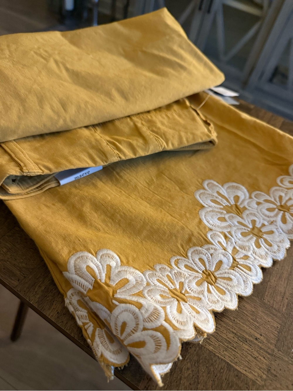 Anthropologie Women's Mustard Wide-Leg Embroidered Hem Pants - Picture 3 of 4